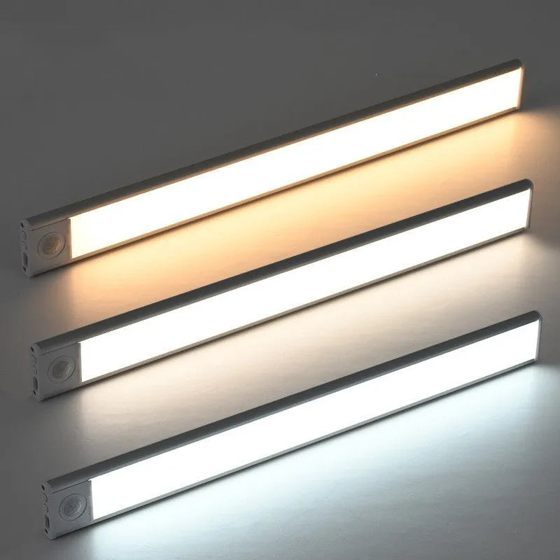 Thin rechargeable human body sensing light bar with aluminium alloy lampshade, silver or black trichrome, 20cm to 80cm.