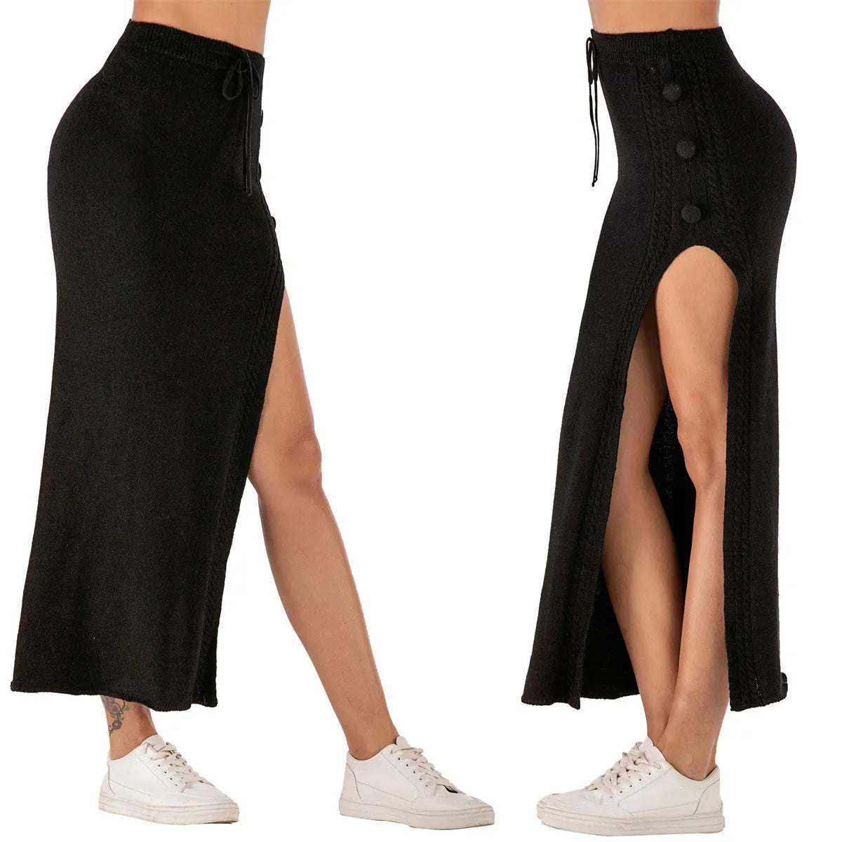 Black slim-fit acrylic midi skirt with a side split and elastic waistband on a model.