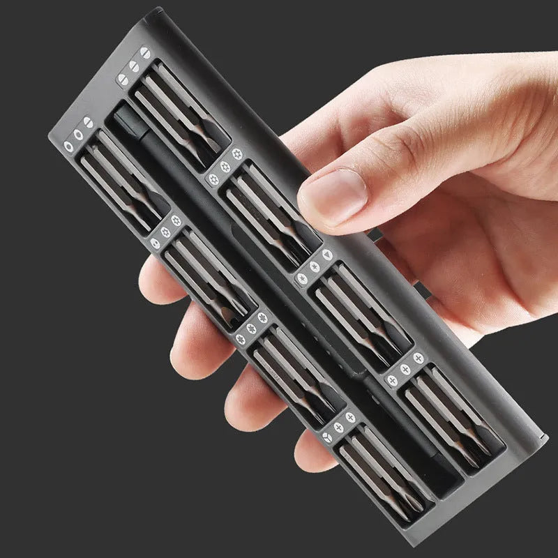 49 in 1 nickel aluminium bronze magnetic precision screwdriver set with cross and slotted bits.
