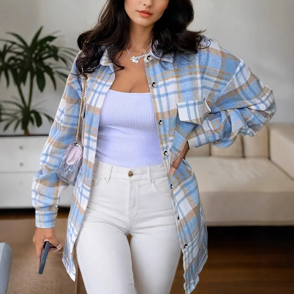 Women's lapel plaid long sleeve shirt jacket in blue and green casual cardigan style polyester
