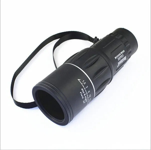 Black 16x52 high-power monocular telescope with wide-angle lens and eyepiece adjustment focus ring.