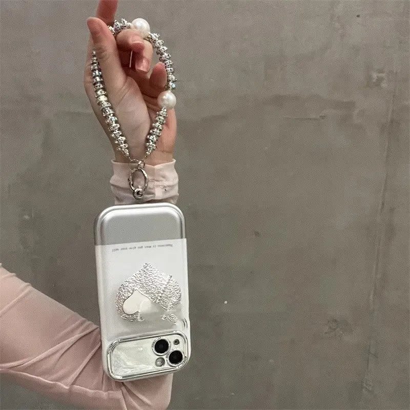 Silver white Korean style TPU phone case with electroplated love bracket for iPhone 14 Pro Max