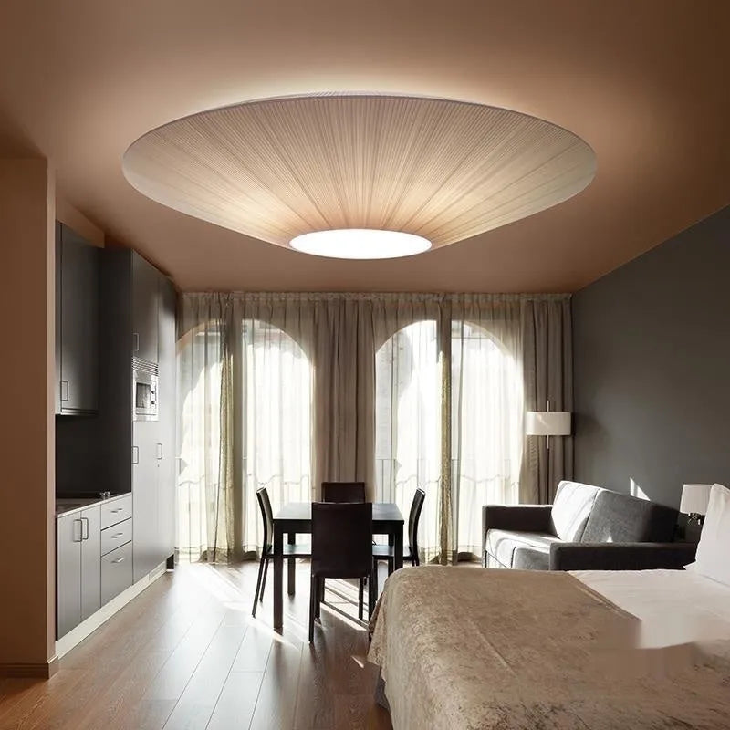White fabric ceiling lamp with alloy frame, 60 cm diameter, warm light, minimalist design for corridor