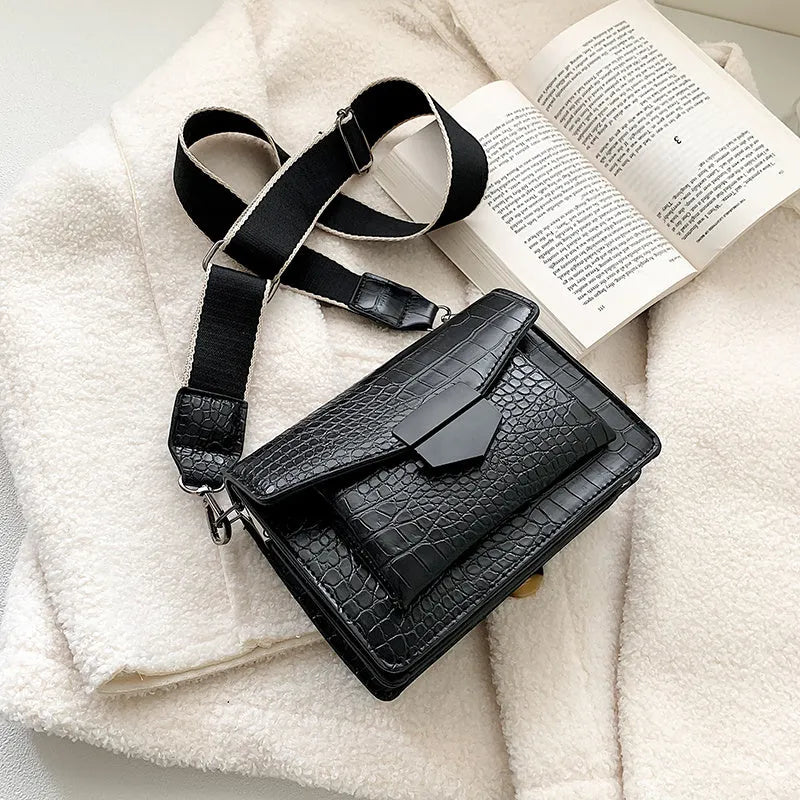 Vintage style crossbody bag in PU material showing dimensions of 20cm wide by 14cm high