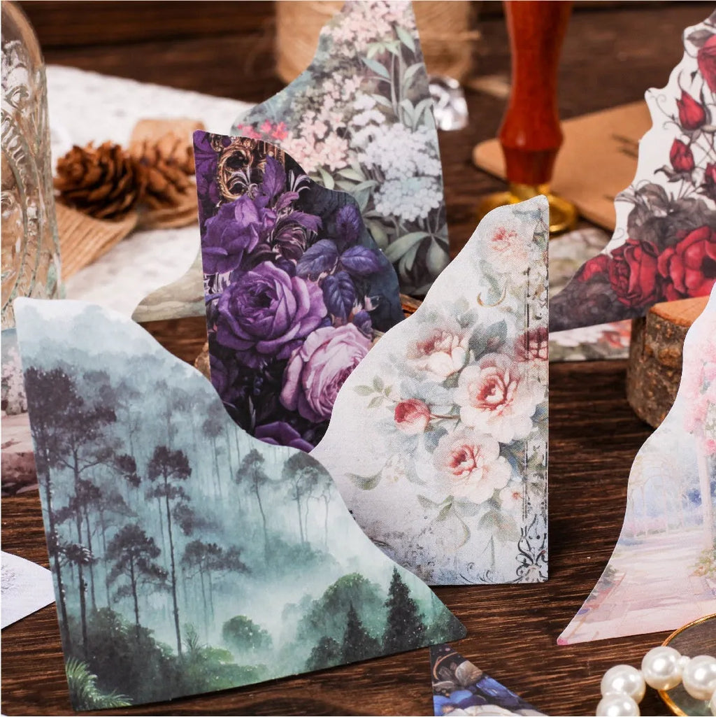 Set of printed paper bookmarks and notes in six different colours including blue, green, pink, purple, and red designs