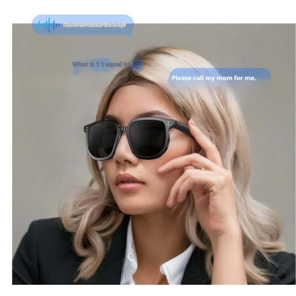 Black AI smart glasses with Bluetooth audio and touch controls on the frame.