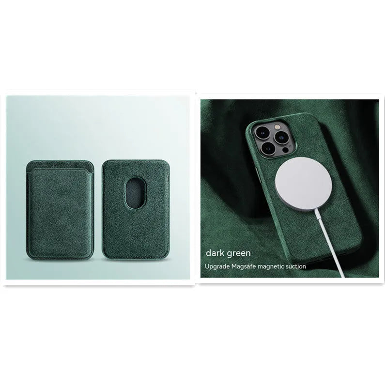 Suede magnetic wireless charging phone case in dark green, sea blue, dark purple, and black gray for iPhone models