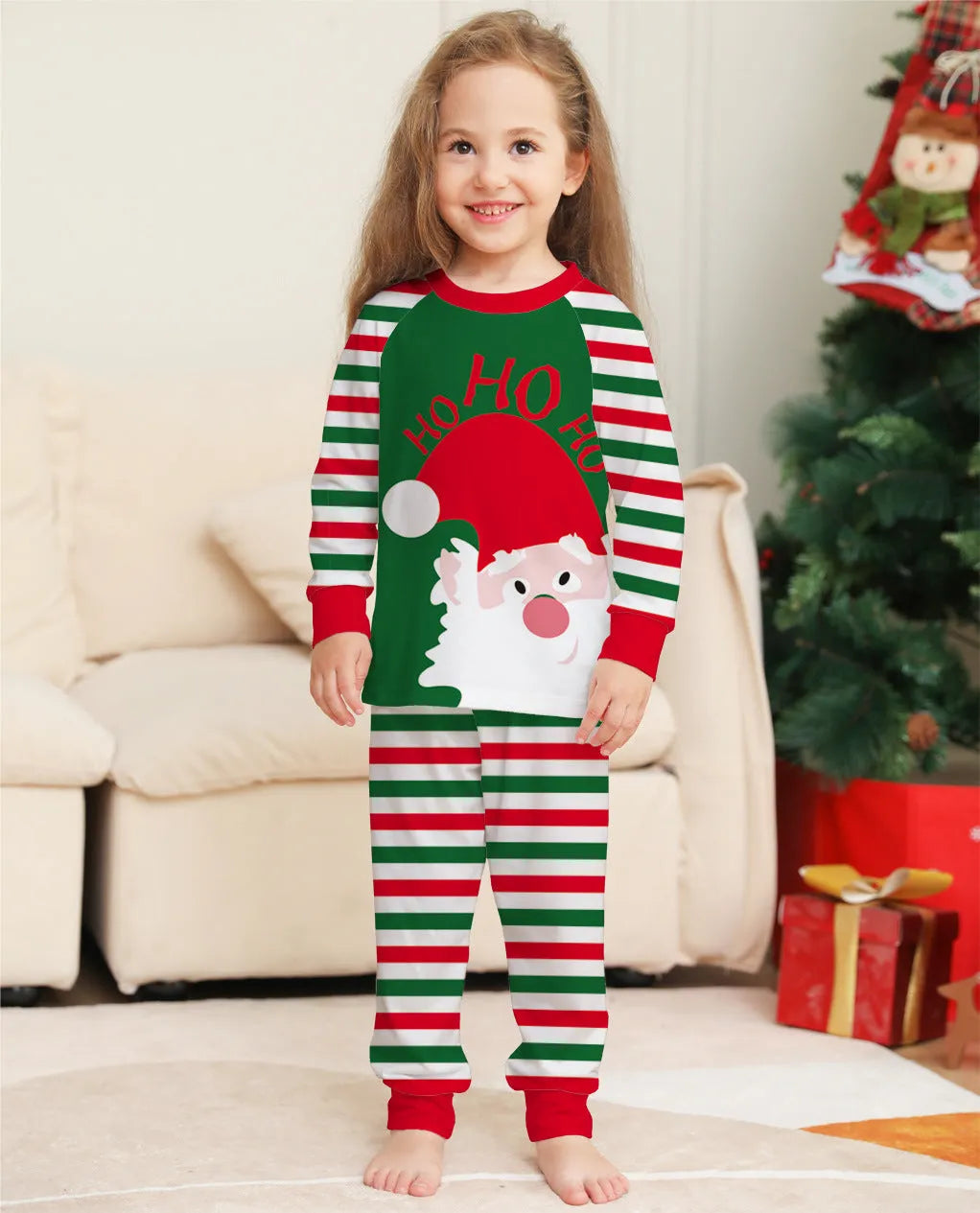Red stripe family Christmas pajamas matching set with long sleeves on a white background