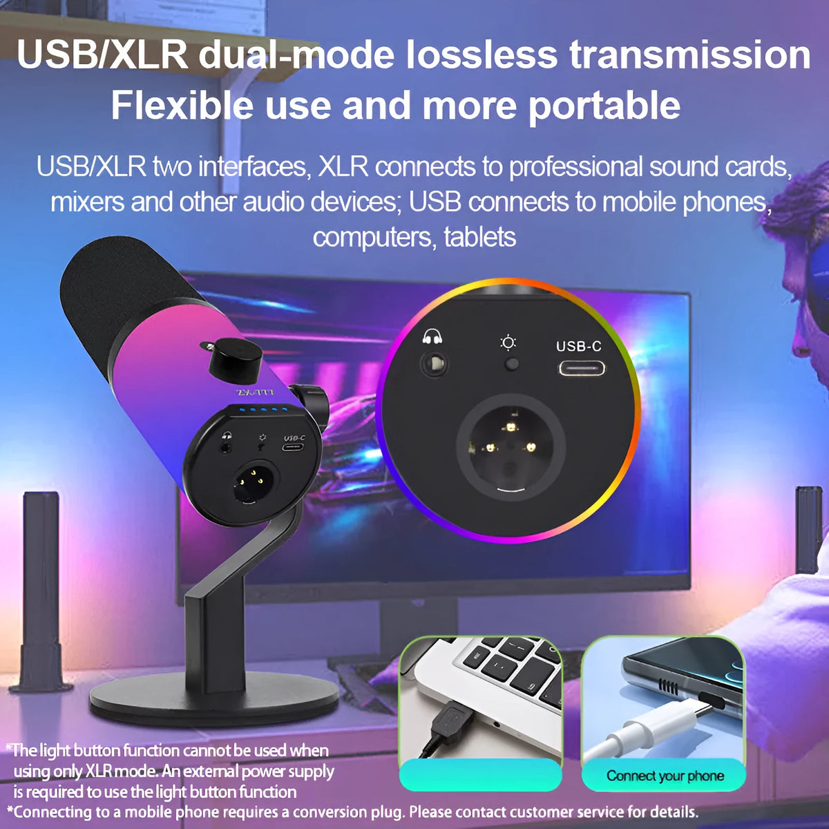 ZX777 moving coil USB XLR microphone with noise reduction and RGB bracket