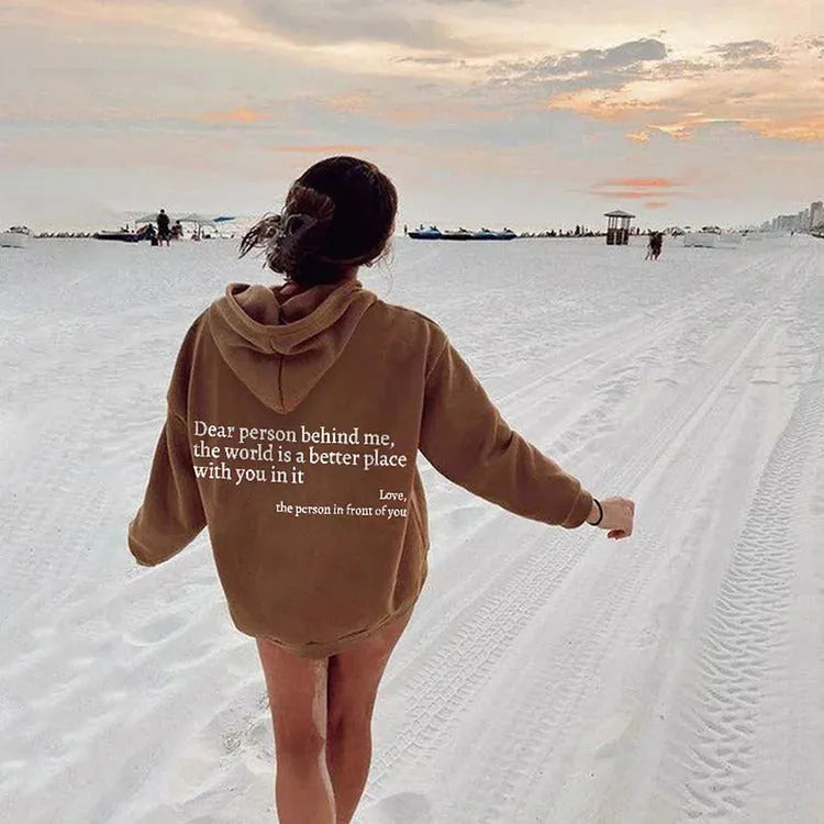 Women's plush letter printed kangaroo pocket drawstring hoodie in polyester, available in multiple colours