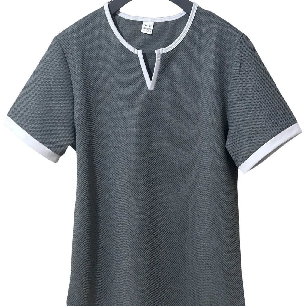 Men's colour-block V-neck outdoor sports T-shirt in waffle fabric on a hanger.