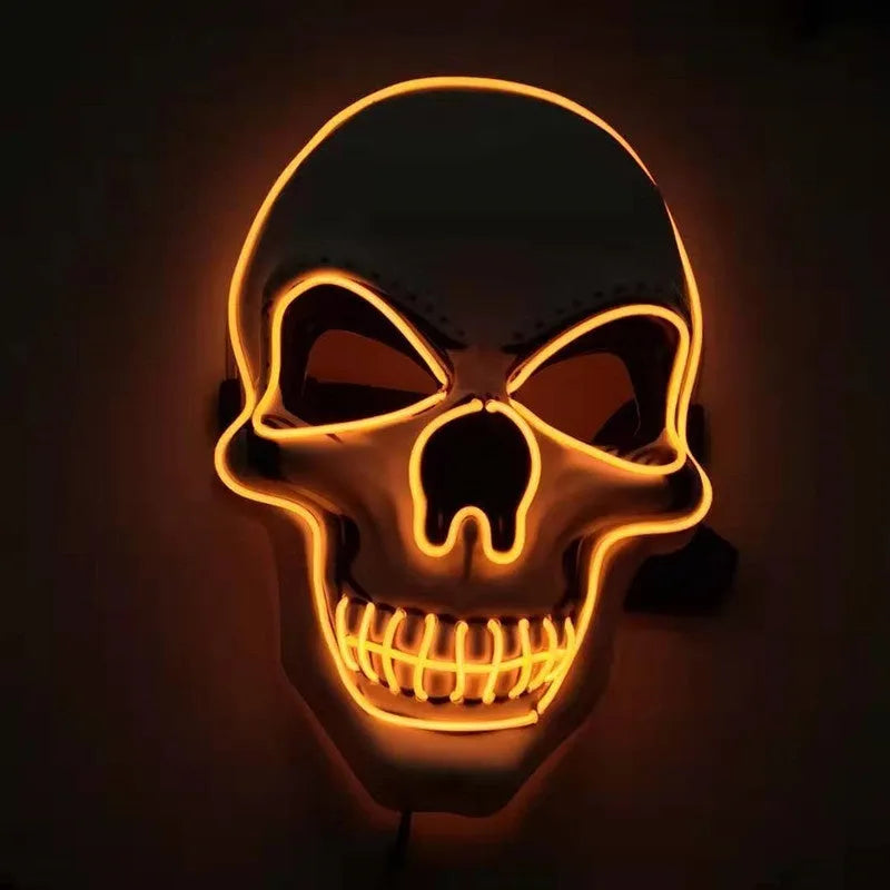 Skull LED glowing Halloween mask with EL wire in blue colour on black background