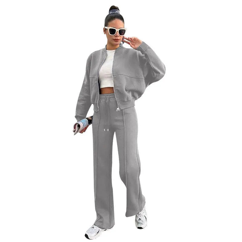Women's fleece zipper cardigan and straight pants suit in black, two-piece casual set with stitching details