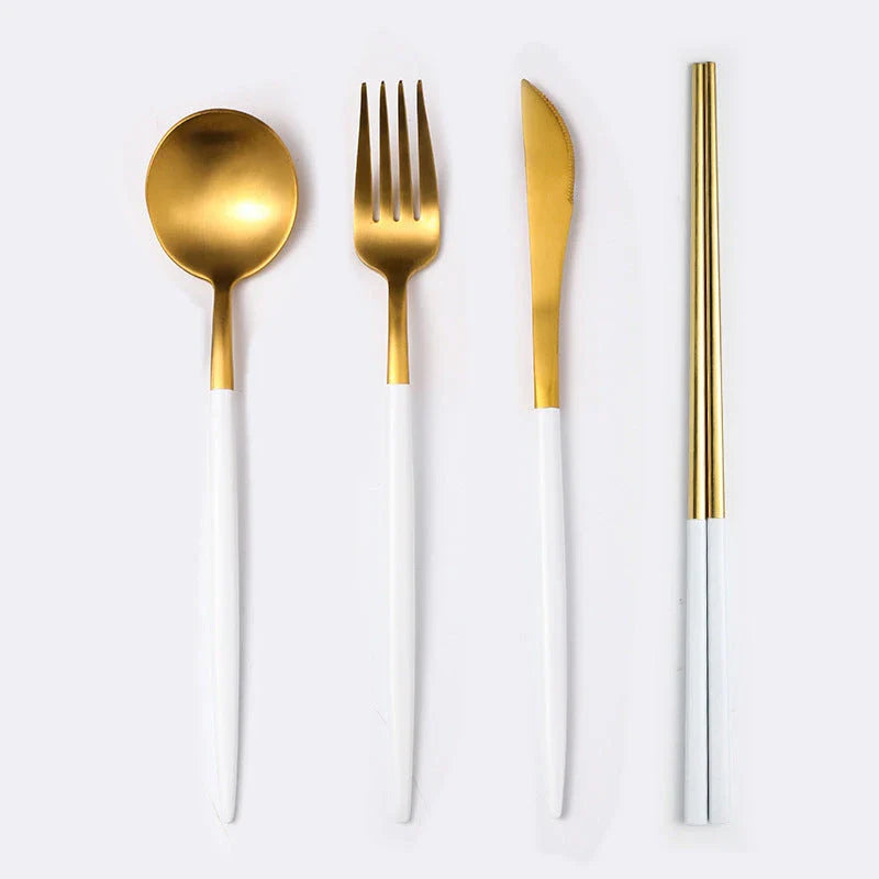 Premium stainless steel cutlery set with a mirror-polished finish, including coffee spoons, dessert spoons, main meal spoons, dessert forks, main forks, and chopsticks, presented in a stylish gift box.