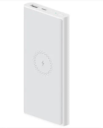 White 10000mAh power bank showing USB-C port and wireless charging symbol
