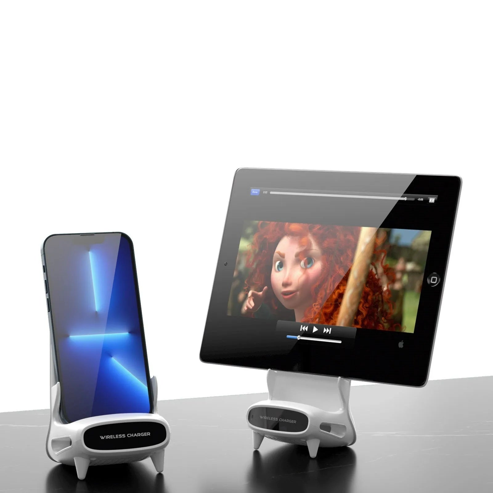 White desktop vertical wireless charging stand with a mobile phone placed on it, 15W fast charging