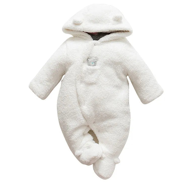 Baby wearing a brown cotton padded winter jumpsuit with long sleeves