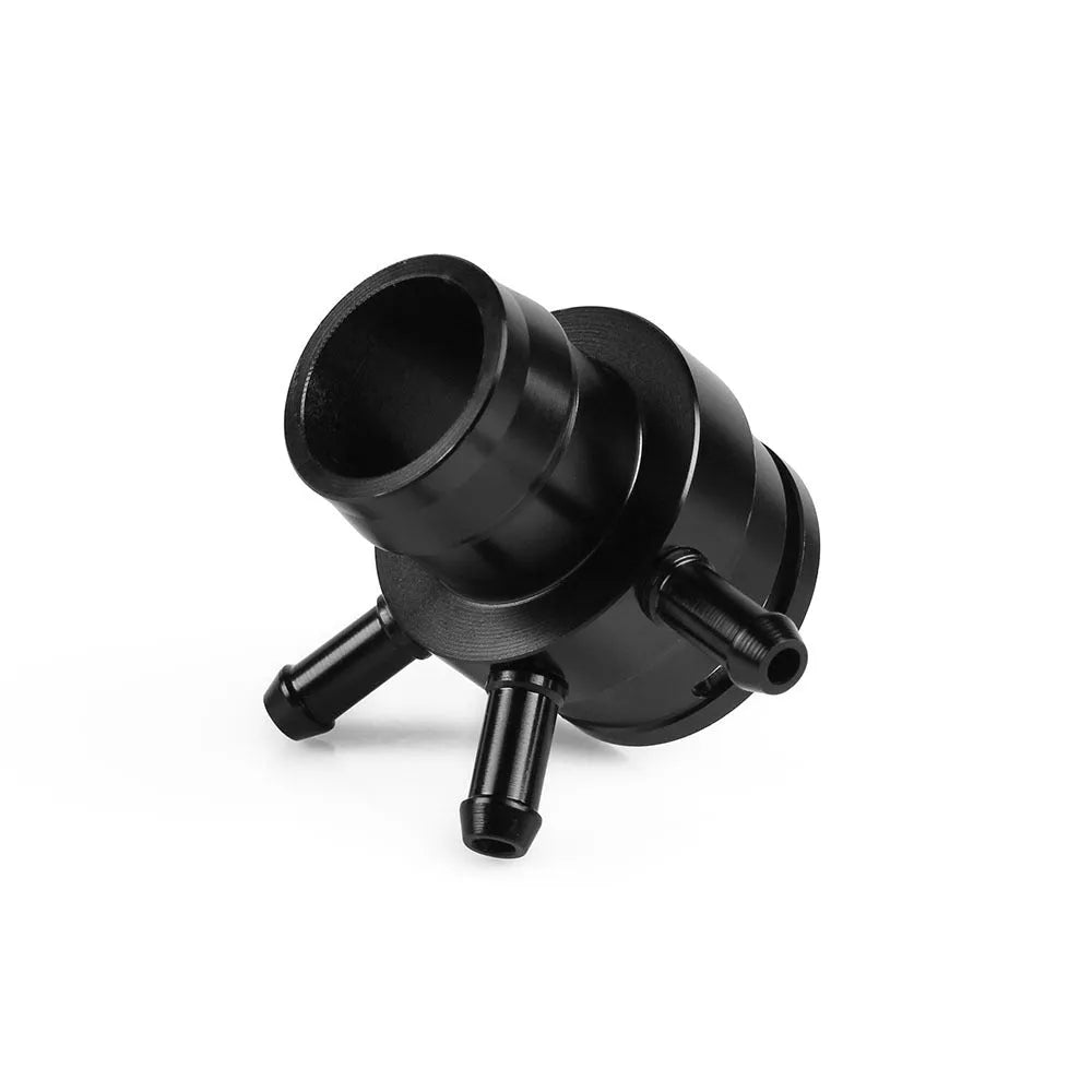 Black nylon and titanium-colour plastic vacuum tee adapter for second-generation car engines.
