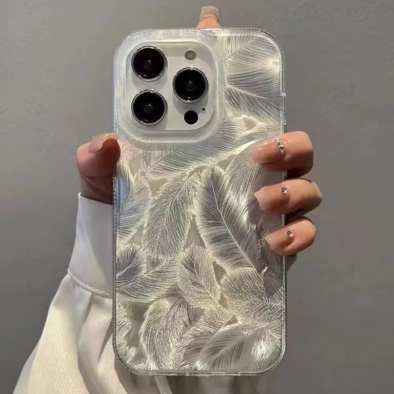 Silver grey feather pattern gradient TPU phone case with three-dimensional relief and half-pack design for iPhone