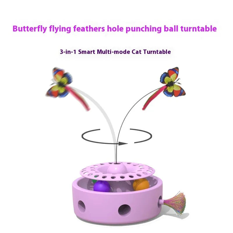 Pink and white ABS PP electric three-in-one cat toy with turntable, butterfly feather, and excavator movement