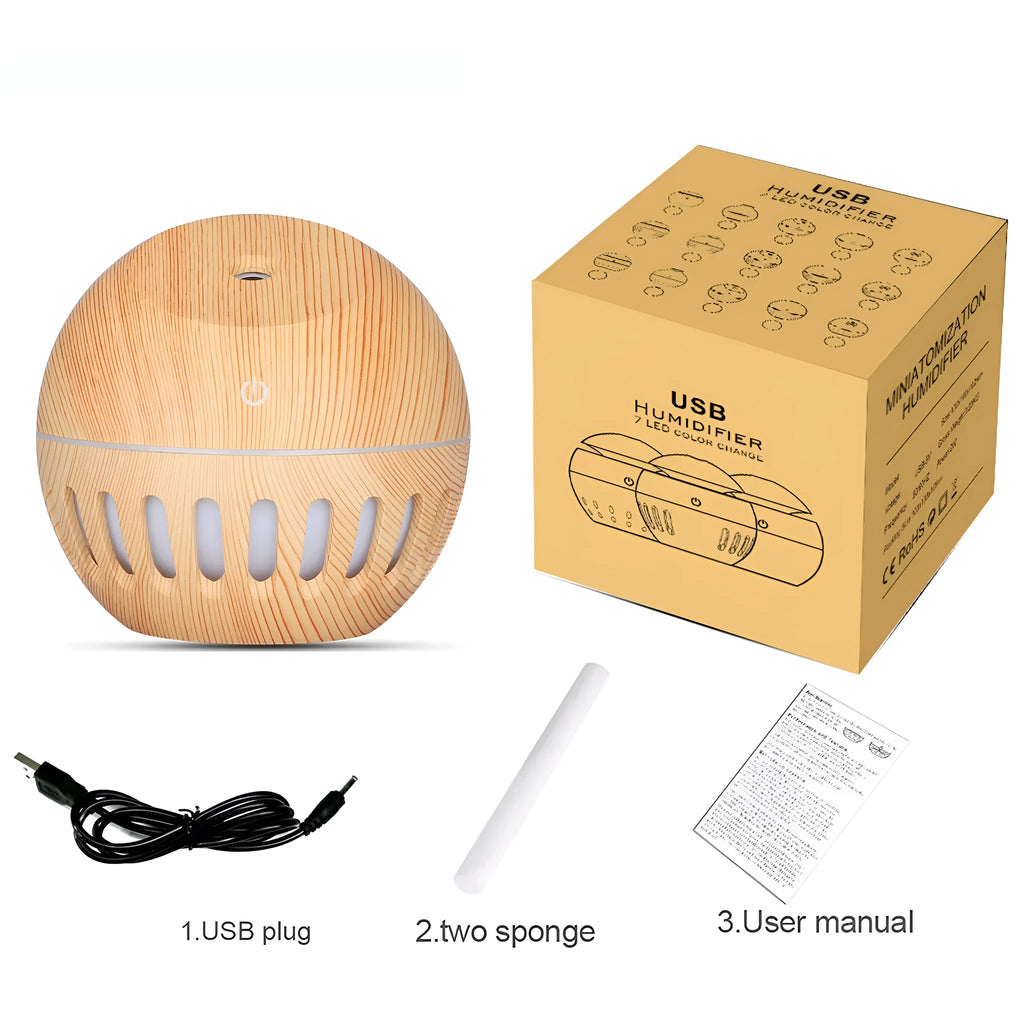 Planet portable USB humidifier in dark wood finish with single fog outlet