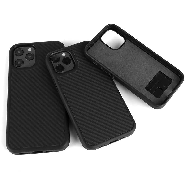 Solid black wooden phone case for iPhone with TPU and Kevlar construction.