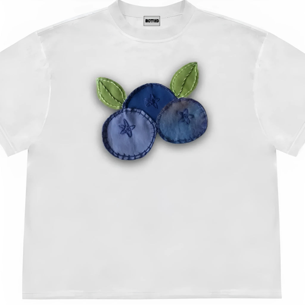 Blueberry patchwork print T-shirt with plant patterns in loose fit design