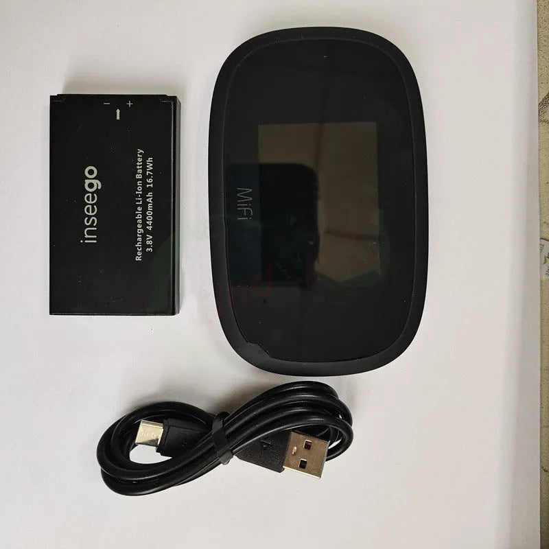 Black 4G portable wireless router with compact rectangular design for mobile internet access.