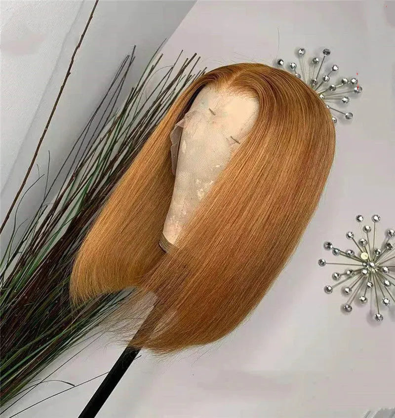 Golden real human hair 13x4 lace forehead wig with full hand-knitted cap and 360-degree headgear