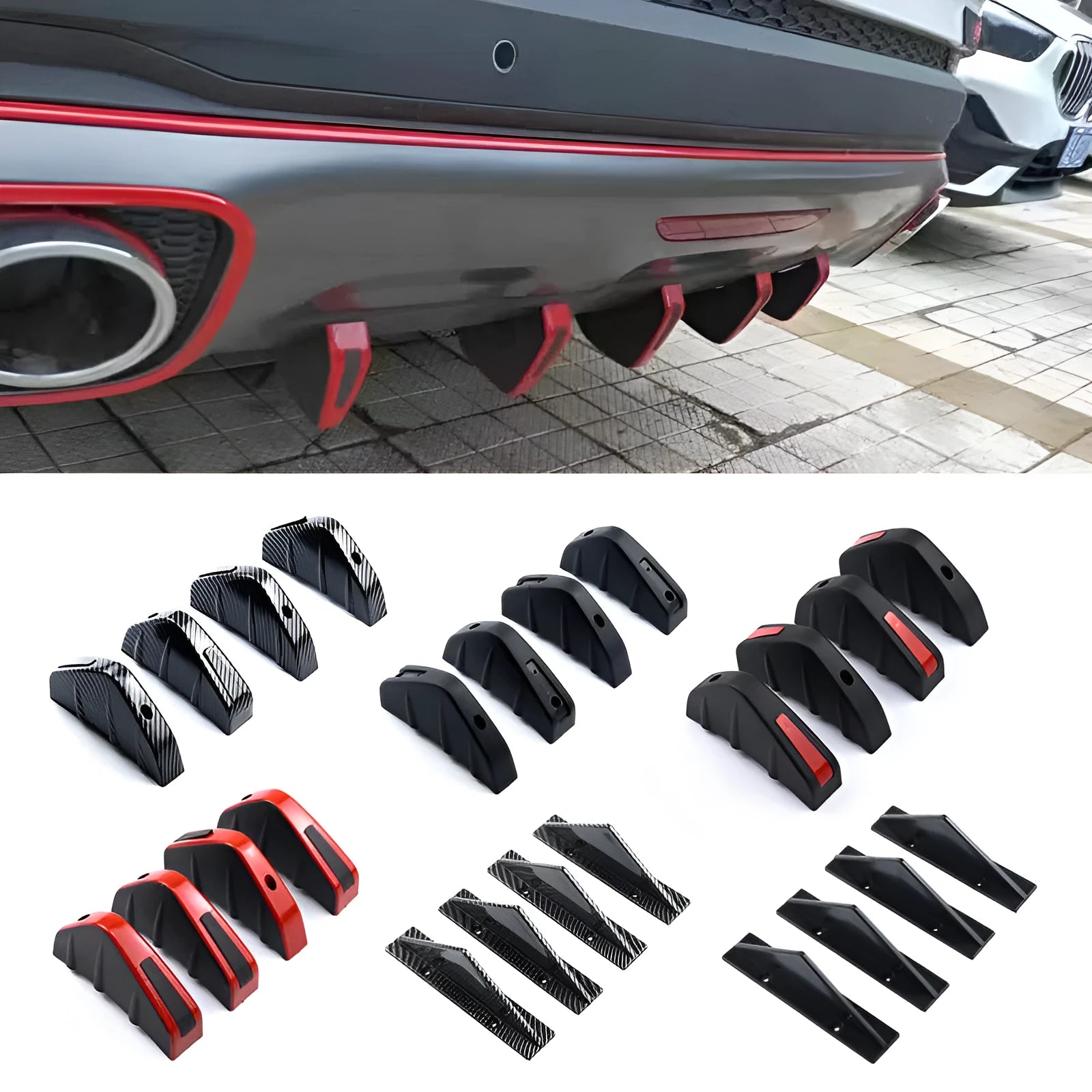 Black triangular automotive rear spoiler with carbon fibre effect pattern, 15cm dimensions