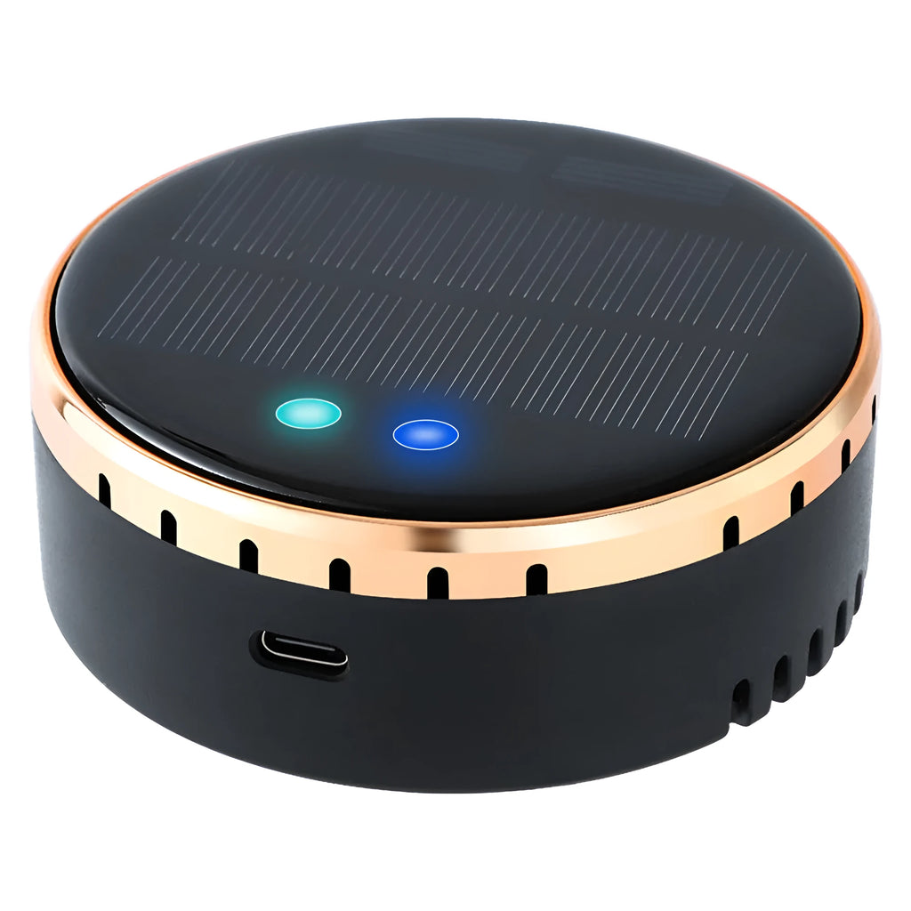 Black solar car humidifier mounted on vehicle air conditioning outlet with moisture mist visible