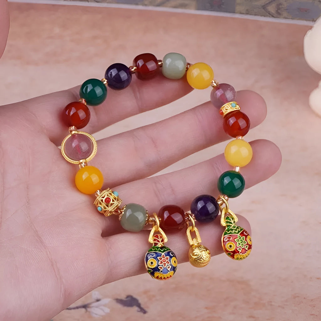 Hand-woven agate bracelet with swallowing gold beast charm and 10mm beads