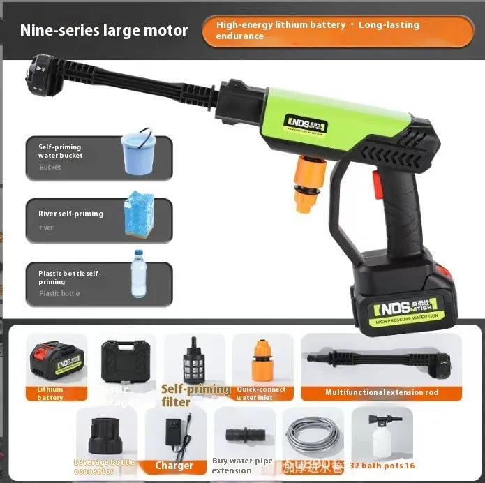 Green wireless high-pressure water gun with metal head and six-in-one nozzle, shown with battery and accessory kit.
