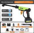 Green wireless high-pressure water gun with metal head and six-in-one nozzle, shown with battery and accessory kit.