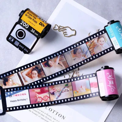 Memory film album with wooden boxes in yellow, pink and blue colours including tote bag