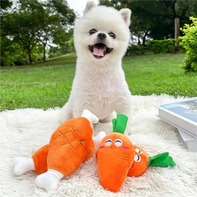 Plush chicken leg dog chew toy with soft fabric, PP cotton filling and built-in squeak sac for small dogs
