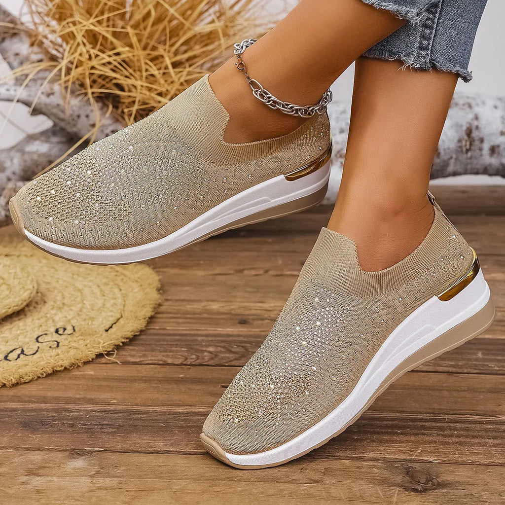 Women's wedge heel pumps with rhinestone detailing, round toe, slip-on design, breathable mesh upper, available in multiple colours and sizes 36-43