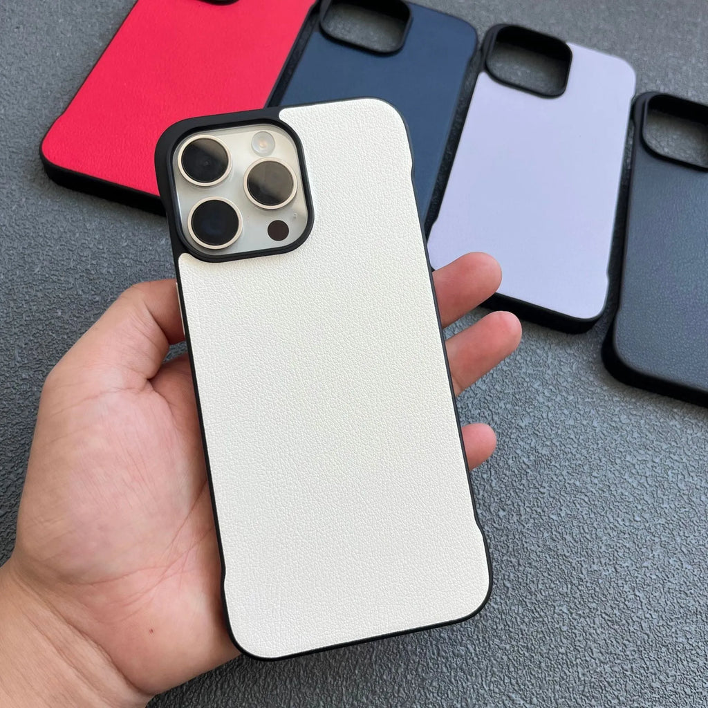 Frameless PU leather phone case in black with heat dissipation for iPhone 14 Pro Max back view