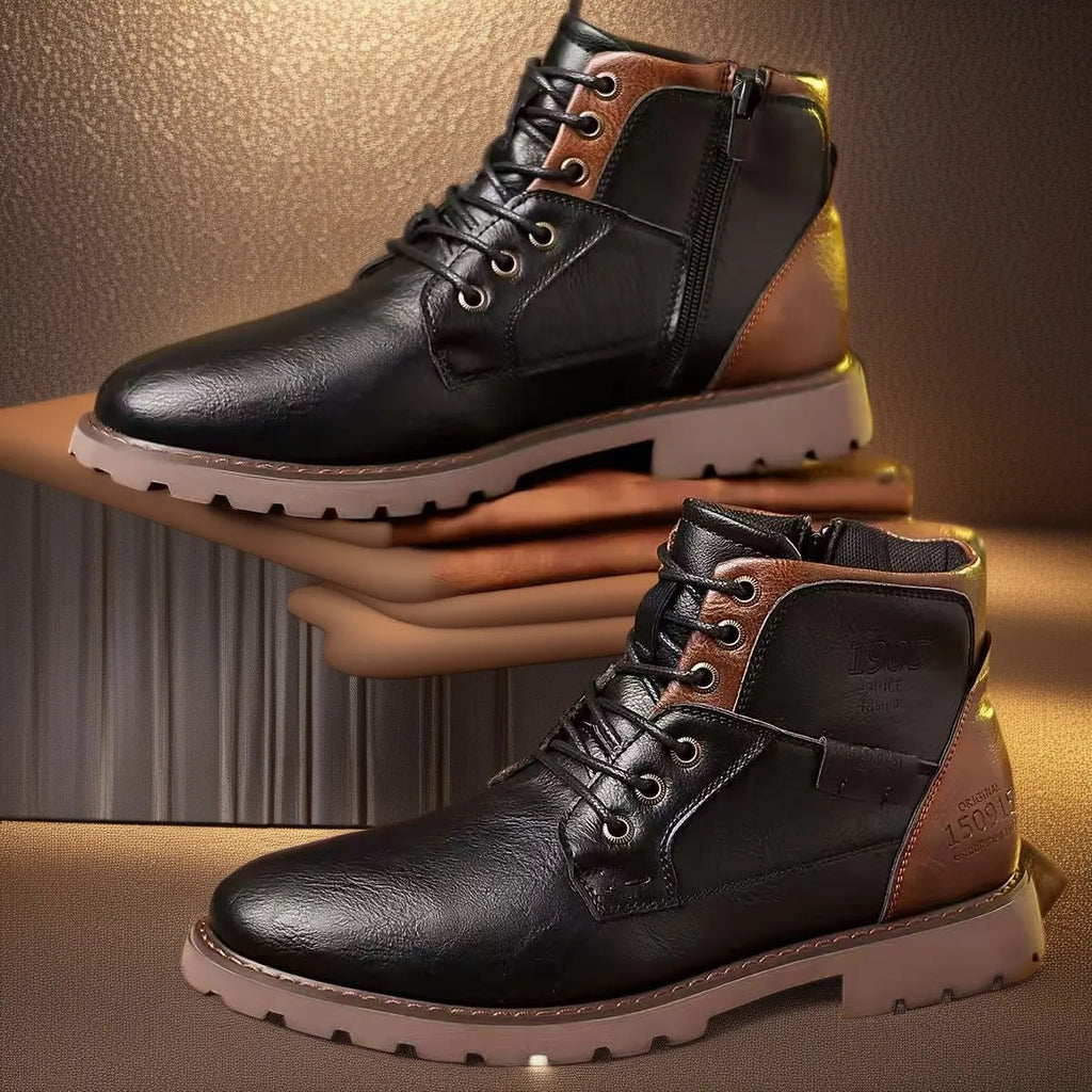 Men's brown ankle boot with a side zip fastening and round toe on a rubber sole.