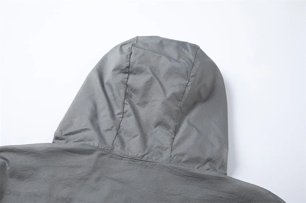 Men's nylon sun protection jacket with letter print, gray, front view, for leisure wear