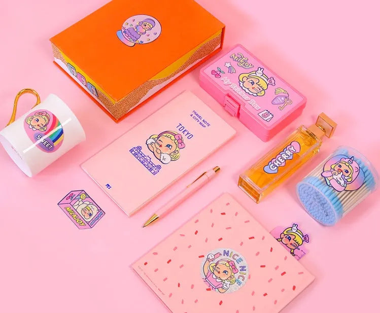 Pack of 16 cute cartoon girl and heart PVC stickers in a square storage box for DIY decoration.