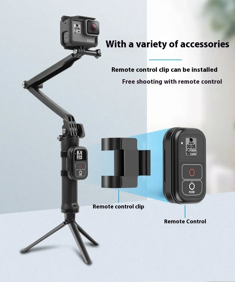 Black folding tripod bracket for GoPro Hero action cameras in collapsed position.