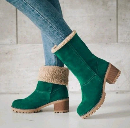 Stylish mid-calf suede snow boots with thick heels in various colors including gray, khaki, black, orange, and green