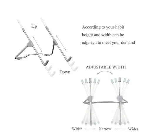 Grey foldable aluminium and plastic adjustable stand holding a mobile phone and a tablet at an angle.