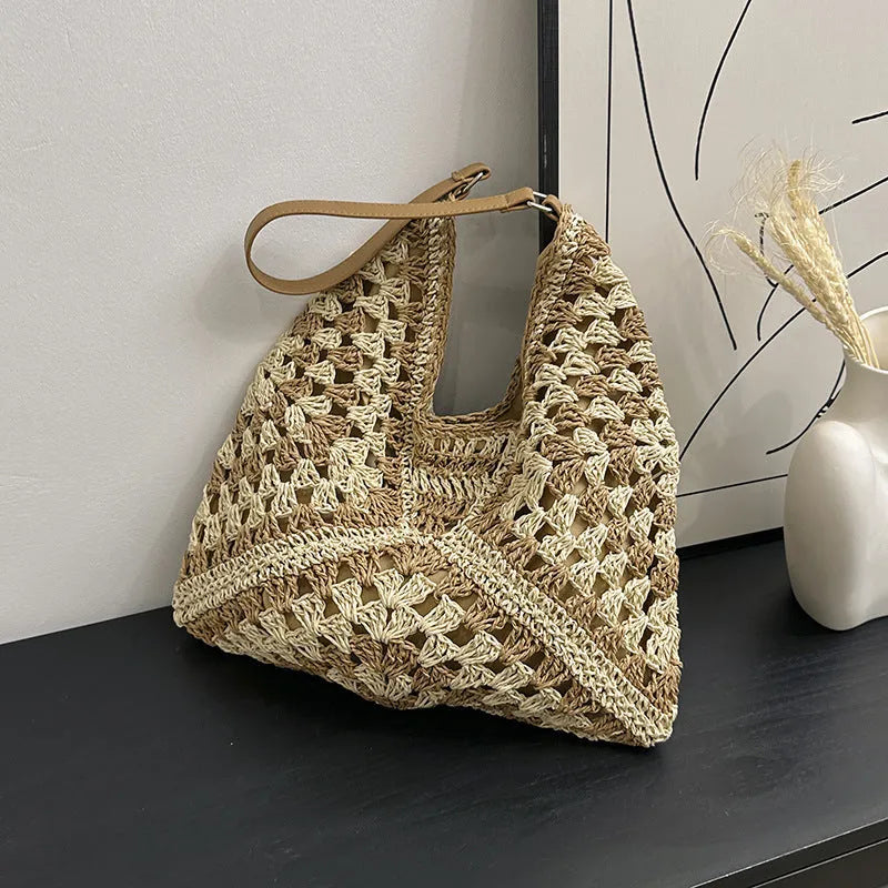 Handmade paper straw woven shoulder bag with hollow contrast colour weave and polyester lining in khaki beige or black khaki.