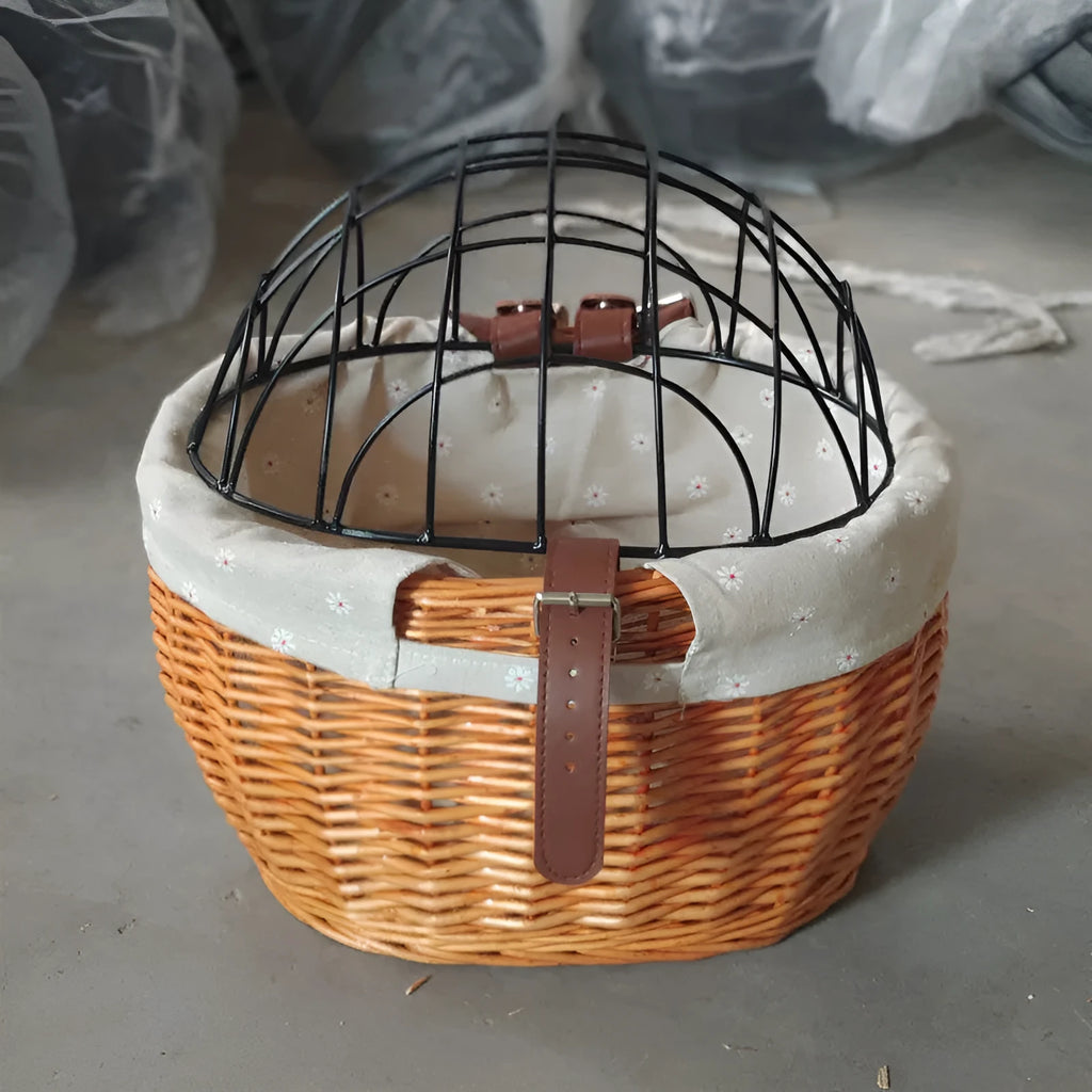 Medium honey wicker bicycle front basket for cat and dog on road bike handlebar