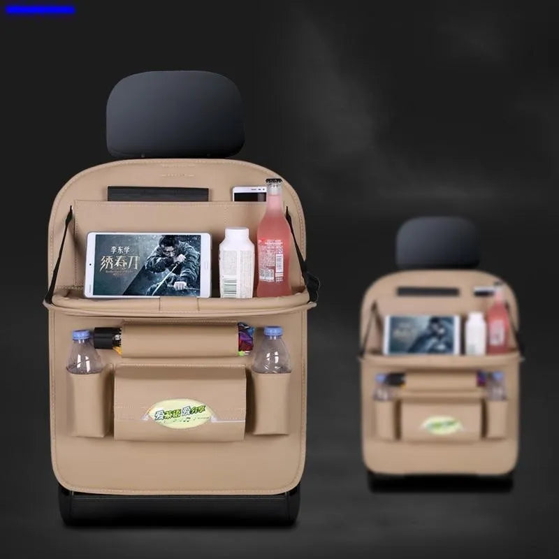 Car seat hanging storage bag in wear-resistant leather, available in beige, black, brown, coffee colours, standard and upgrade styles for vehicle organisation.
