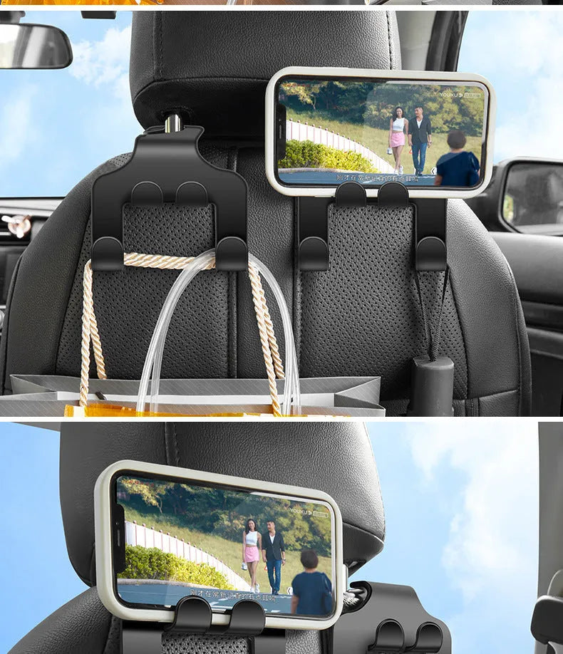 Two white ABS car-mounted multifunction hooks showing phone bracket and hanging hook uses.