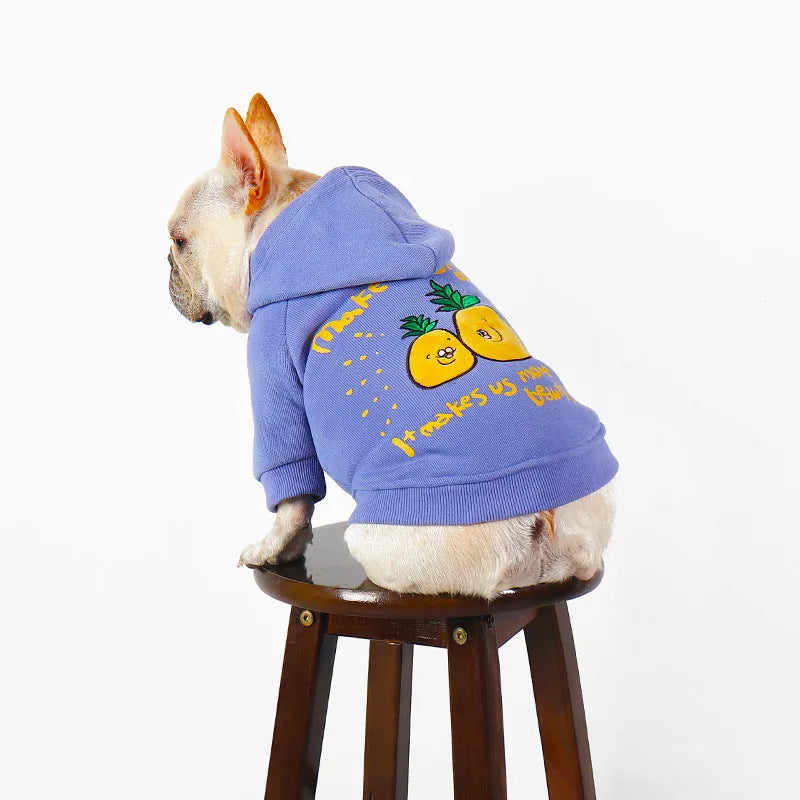 Blue and purple cartoon printed cotton hoodie for a dog on a white background