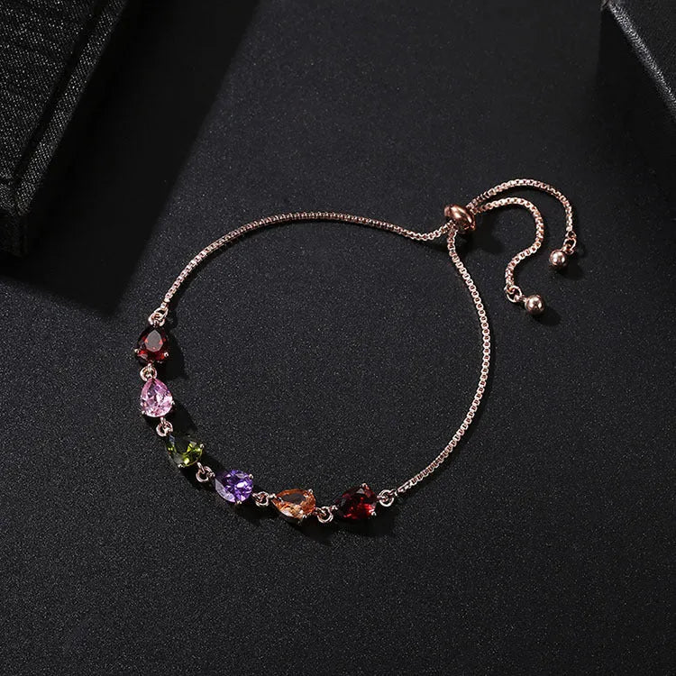 Copper zircon bracelet with geometric inlaid glass stones in water drop oval rectangular round and square shapes